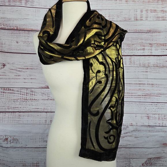 Style & Co Retro Scarf Black Velvet Gold Metallic Whimsigoth Shimmer Holiday NWT - Picture 1 of 10